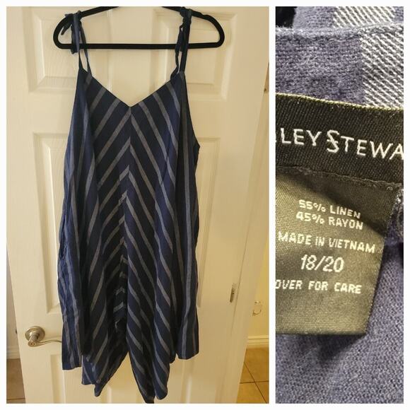 Ashely Stewart Linen Wide Crop Boho Yoga Jumpsuit Plus 18/20 Blue Striped Beach - Picture 1 of 12
